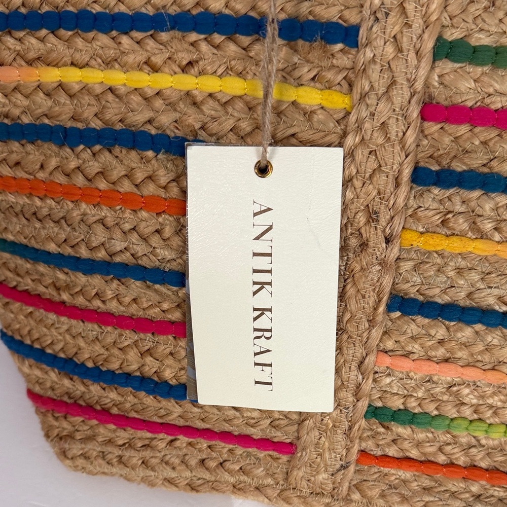 Antik Kraft Handwoven Jute Tote with Colorful Stripe Accents NWT - Picture 3 of 16